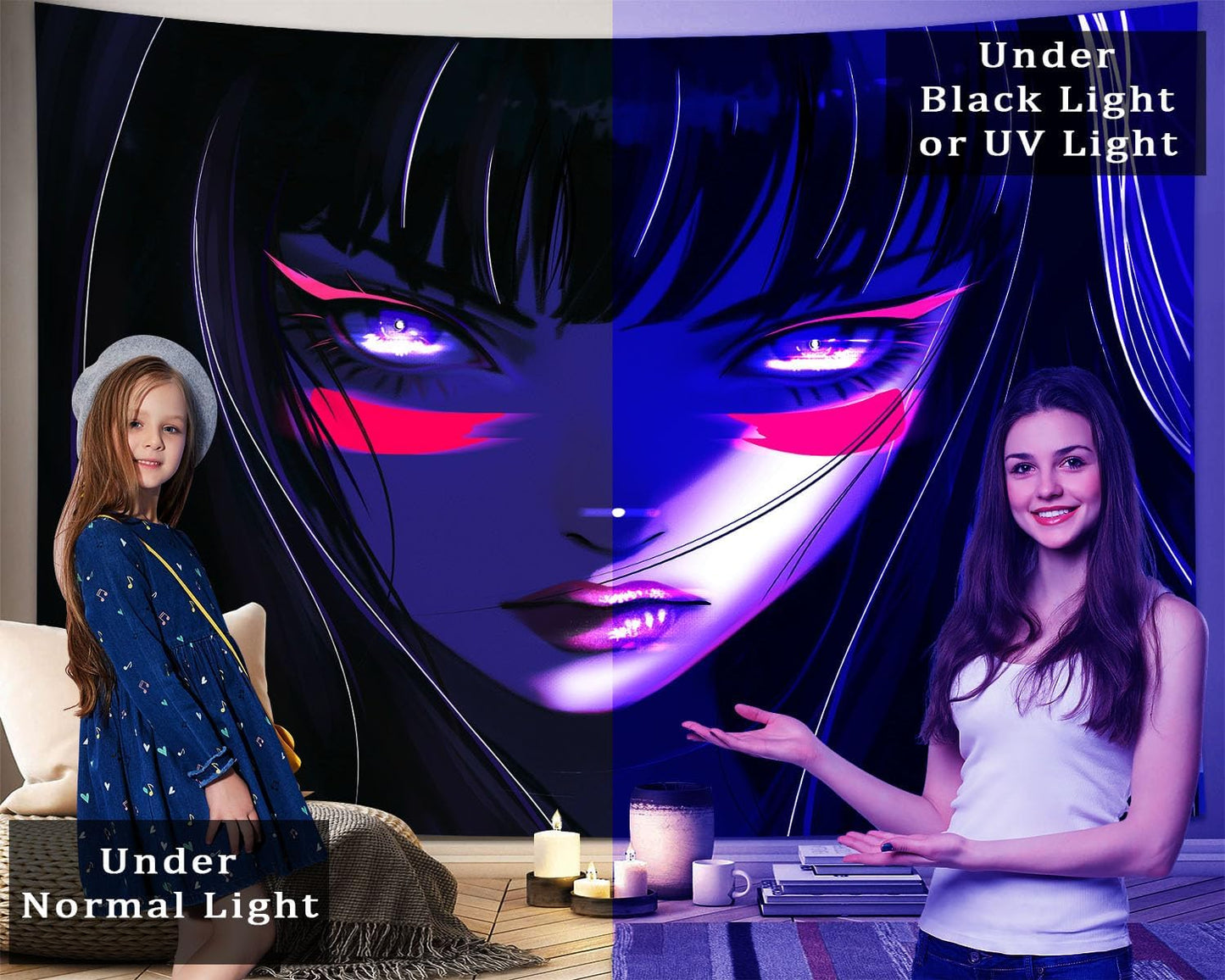 dueeia Blacklight Anime Girl Tapestry Wall Hanging Japanese Cool Black Light Glow in the Dark Uv Tapestries for Boys Girls Bedroom Aesthetic Living Room Dorm Wall Decor (59.1"x39.4")
