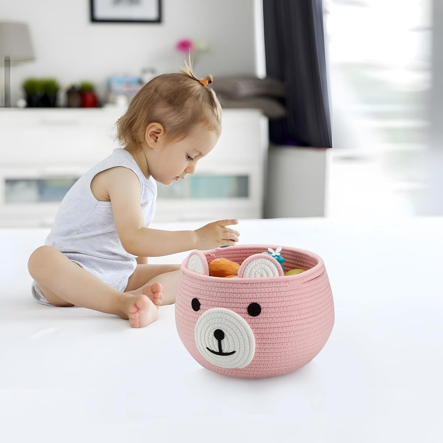 PandaEar Cotton Rope Baby Basket, Baby Gift Basket Nursery Laundry Organizer with Cute Bear Design for Storage Infant Newborn Essentials, Diaper Caddy with Handle (Pink)