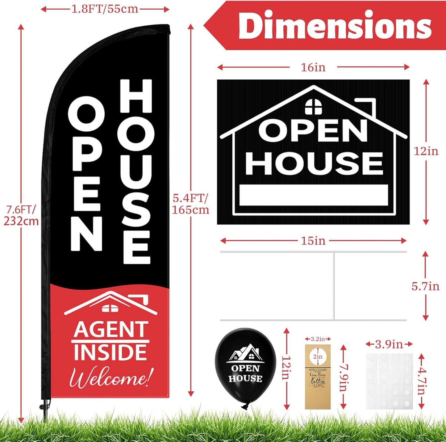 44 Pcs Open House Signs for Real Estate, Double Sided Open House Flag Kit, 7.6 x 5.4 Ft Black Banner Flag Poles Set for Outside, Directional Arrows Sign Stakes Balloons for Open House Supplies