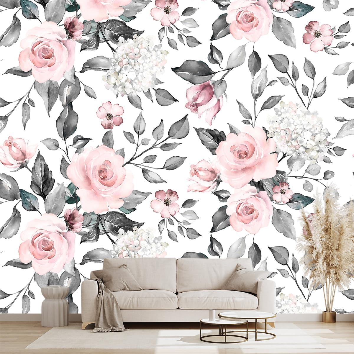 Grey Leaf Pink Flowers Mural Bedroom Floral Wallpaper Room Decor Living Room tv Background Large Wall Mural - 91"x65" (Not Peel and Stick)