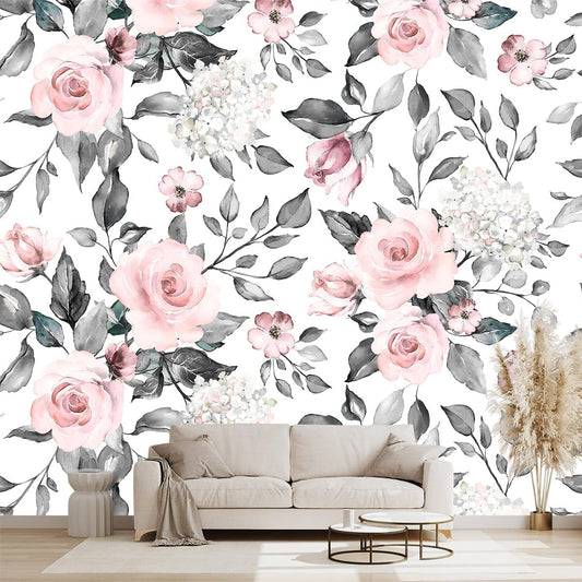 Grey Leaf Pink Flowers Mural Bedroom Floral Wallpaper Room Decor Living Room tv Background Large Wall Mural - 137"x96" (Not Peel and Stick)