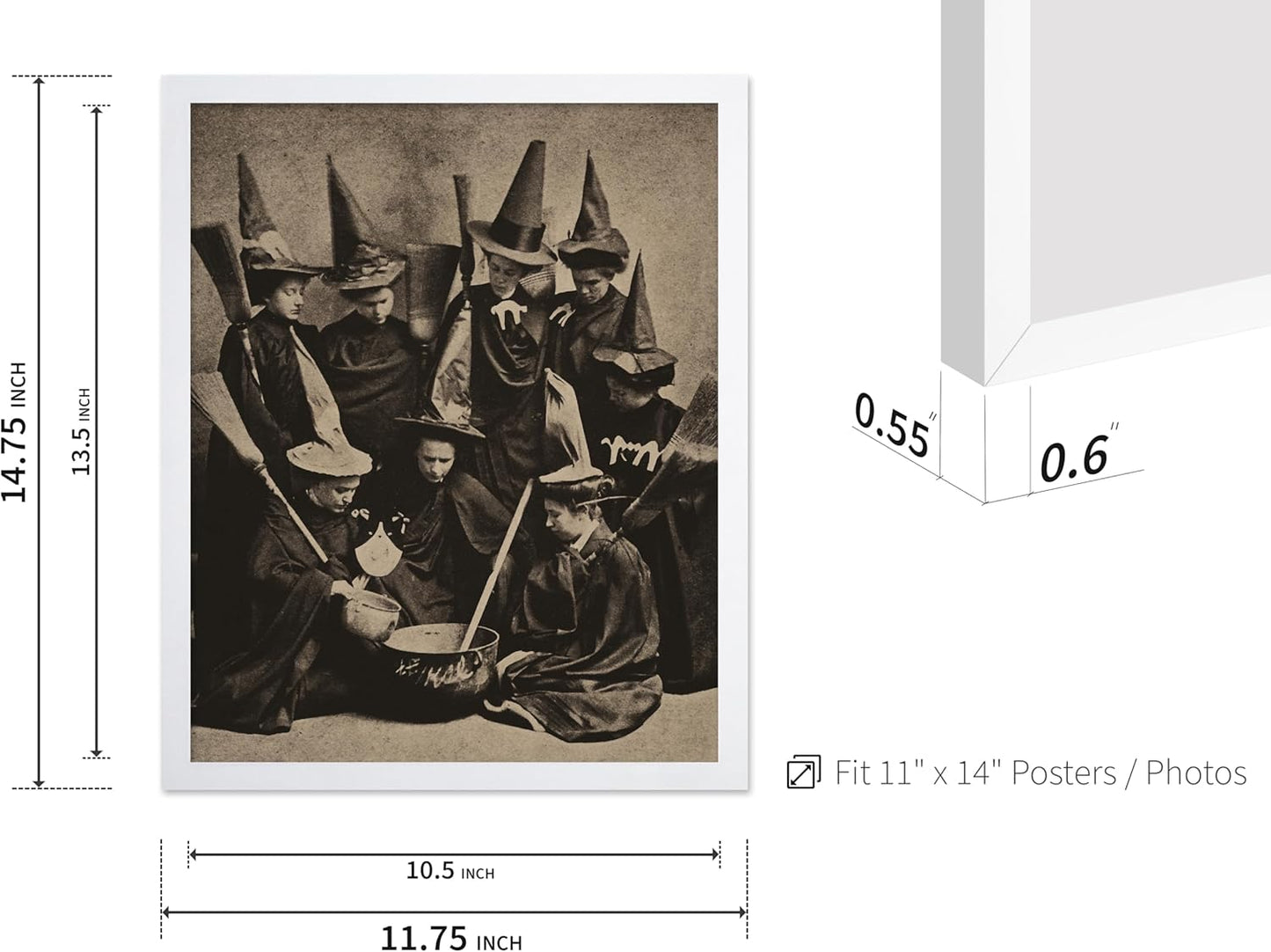 Poster Master Vintage Photograph Poster - Retro Halloween Print - Gift for Artist, Friend - Witches Cooking, Pointy Hats, Broomsticks, Black Magic - Wall Decor for Bedroom, 11x14 White Framed