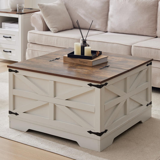 Coffee Table with Storage, Rustic White Square Coffee Tables for Living Room, Lift top Coffee Table with Large Hidden Compartment, Smart Cocktail Tables with Flip Top Lids for Home Office