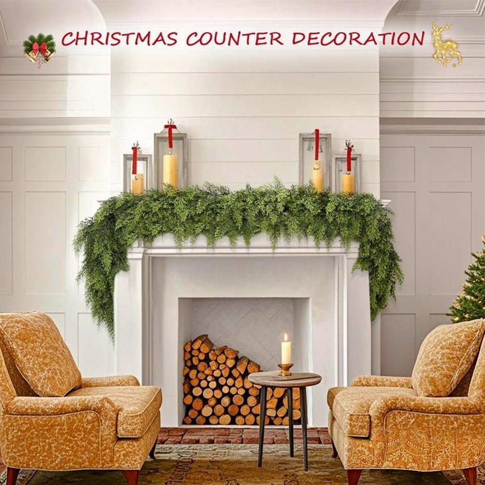 6 Ft Artificial Cedar Garlands – Real Touch Winter Greenery, Realistic Artificial Cedar Tree Christmas Pine Garland Decorations for Table Mantle Wall Indoor Fireplace Holiday Party (9ft, 1)