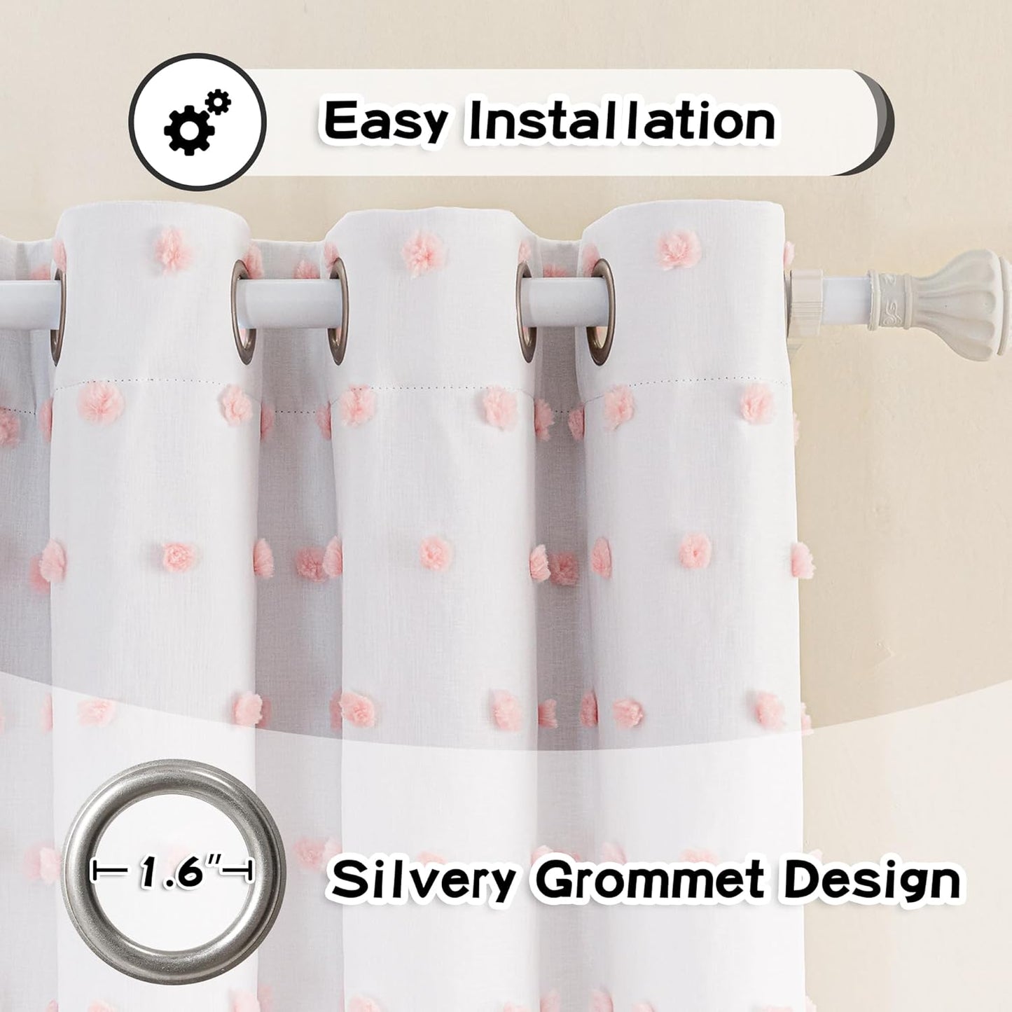 MYSKY HOME Pink Pom Pom Blackout Curtains for Girls Bedroom 54 Inch Long 100% Blackout Curtains for Kids Room 2 Panels Room Darkening Small Window Treatment Grommet 2 Layered Drapes Toddler 52W x 54L