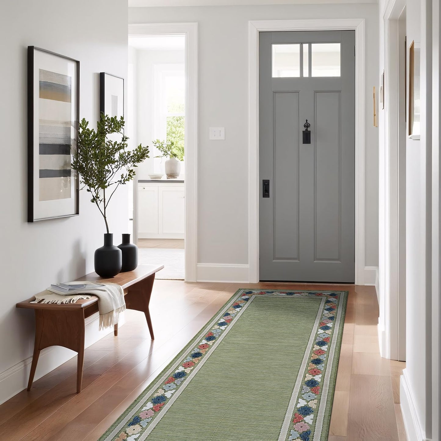 Beverly Rug Outdoor Runner Rug 2x7 Modern Floral Bordered Area Rugs for Indoor and Outdoor Patio Easy to Clean Non Shedding Living Room Porch Garden Washable Outside Carpet (2 x 7 Green)