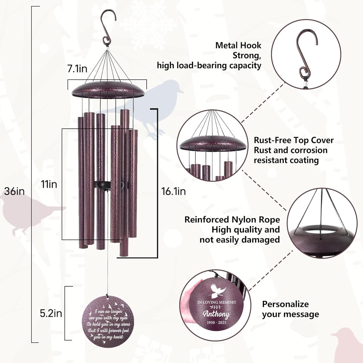 ASTARIN Large Engraving Wind Chime Memorial, Personalized Windchimes in Memory of a Loved One, Loss of Mother Lover Sympathy Gifts, Remembrance Gift for Loss Wife Husband(Produced in USA)