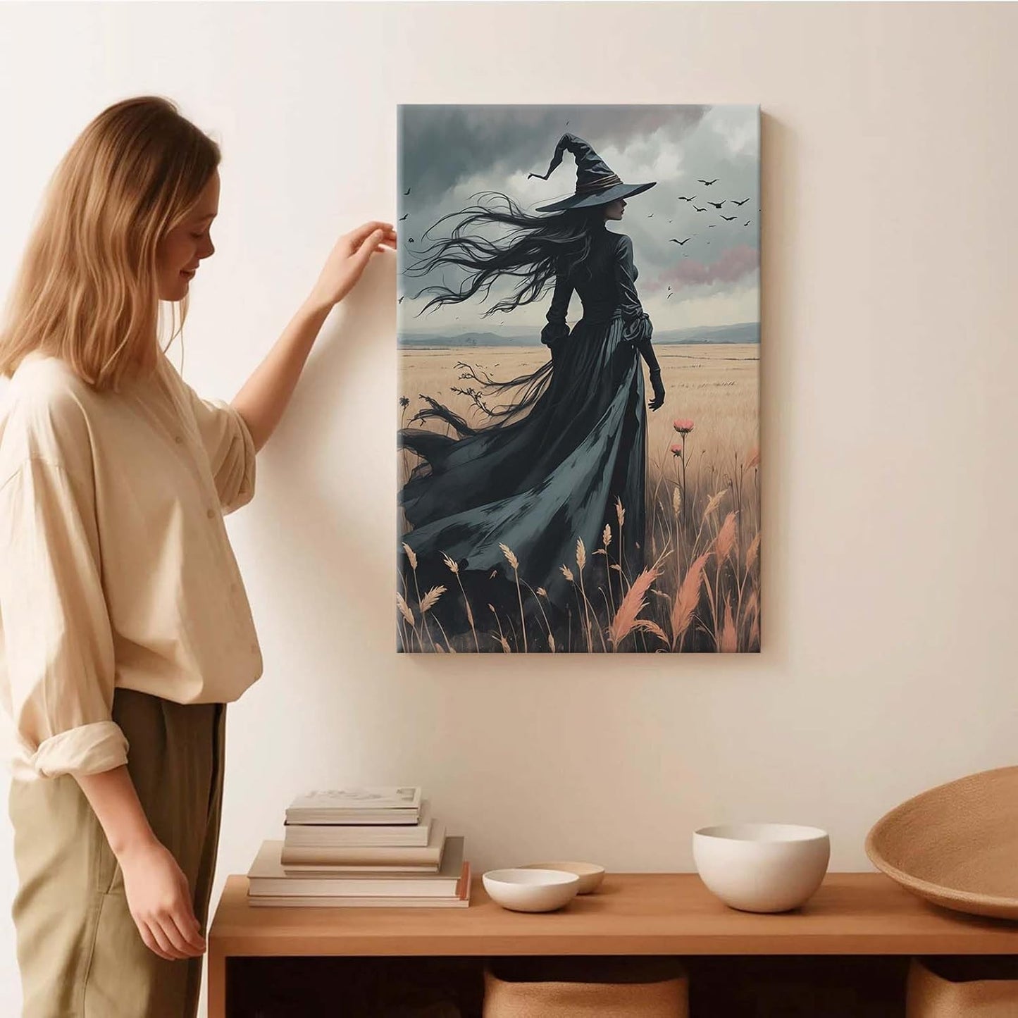 JFHCQJPK Gothic Decor Canvas Wall Art Witch in Rice Field Halloween Art Decor Print Nature Print Victorian Home Bedroom28x40in Frameless