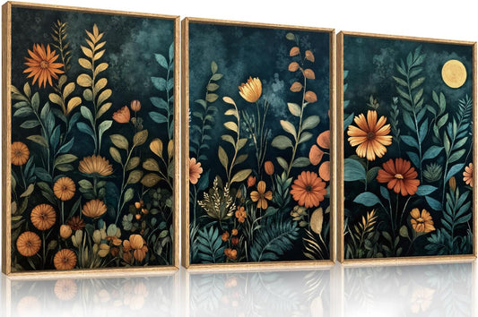 Vintage Dark Botanical Framed Canvas Wall Art Set, Colorful Floral Wall Decor, Nature Wildflower Wall Painting, Colorful Blossom Art Prints for Living Room, Bedroom, Office - 16"X24"X3