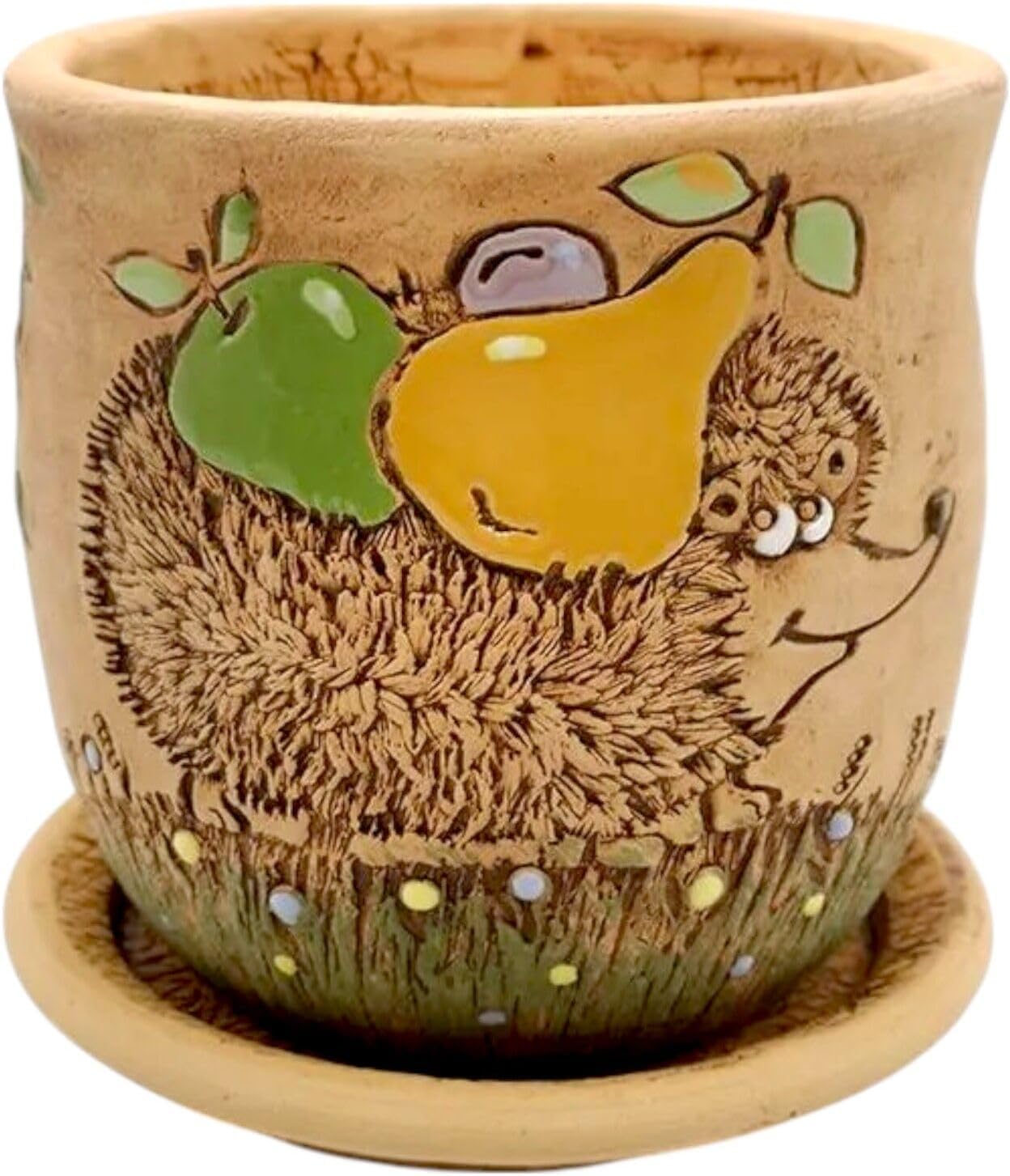 Ceramic Pot with Drainage Hole and Saucer, Plant Pots, Modern Decorative Planters for House Plants Indoor Flowers Plants, Cute Flower Pot - Gifts (Hedgehog (1.7 L))