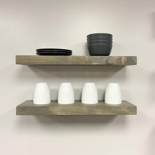 URBANDI, Rustic Floating Shelves, Set of 2, Hidden Bracket, Solid Wood, Heavy Duty, Wall Mounted Shelves, (Grey, 12Wx8D)