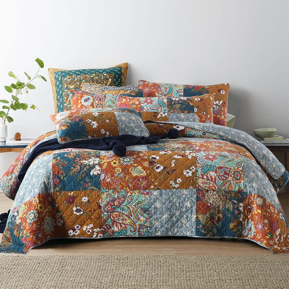 Autumn Dream Cotton Bedspread Quilt Sets Reversible Bedding Coverlet Sets Comforter, Paisley Floral Patchwork Yellow Grey Bedspread, Queen Size