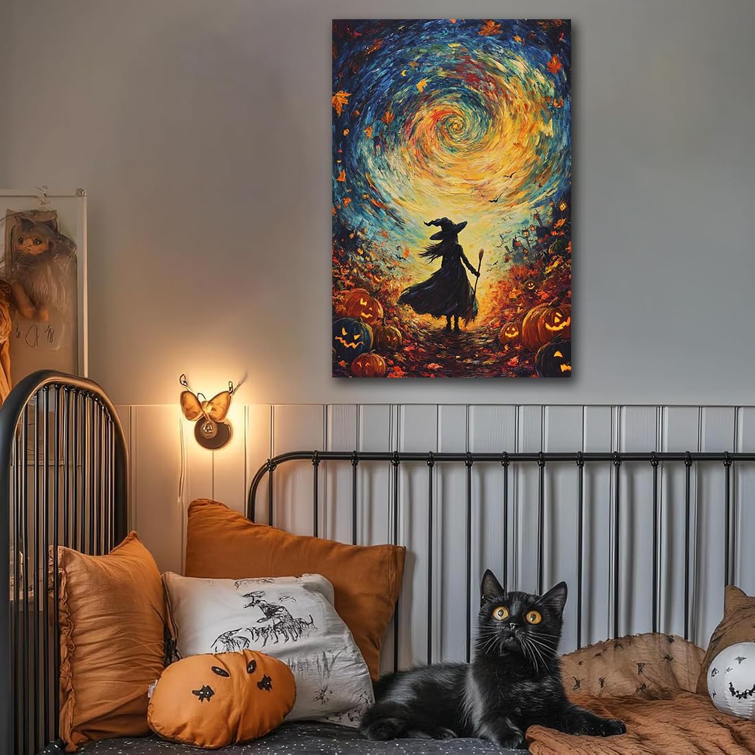 Halloween Autumn Witchy Decor Wall Art Prints,Gothic Witch in Whirlwind Autumn with Pumpkins Scene Pictures Poster,Fall Festival Home Decor Painting Canvas Poster for Bedroom Bathroom,24"x36" Unframed