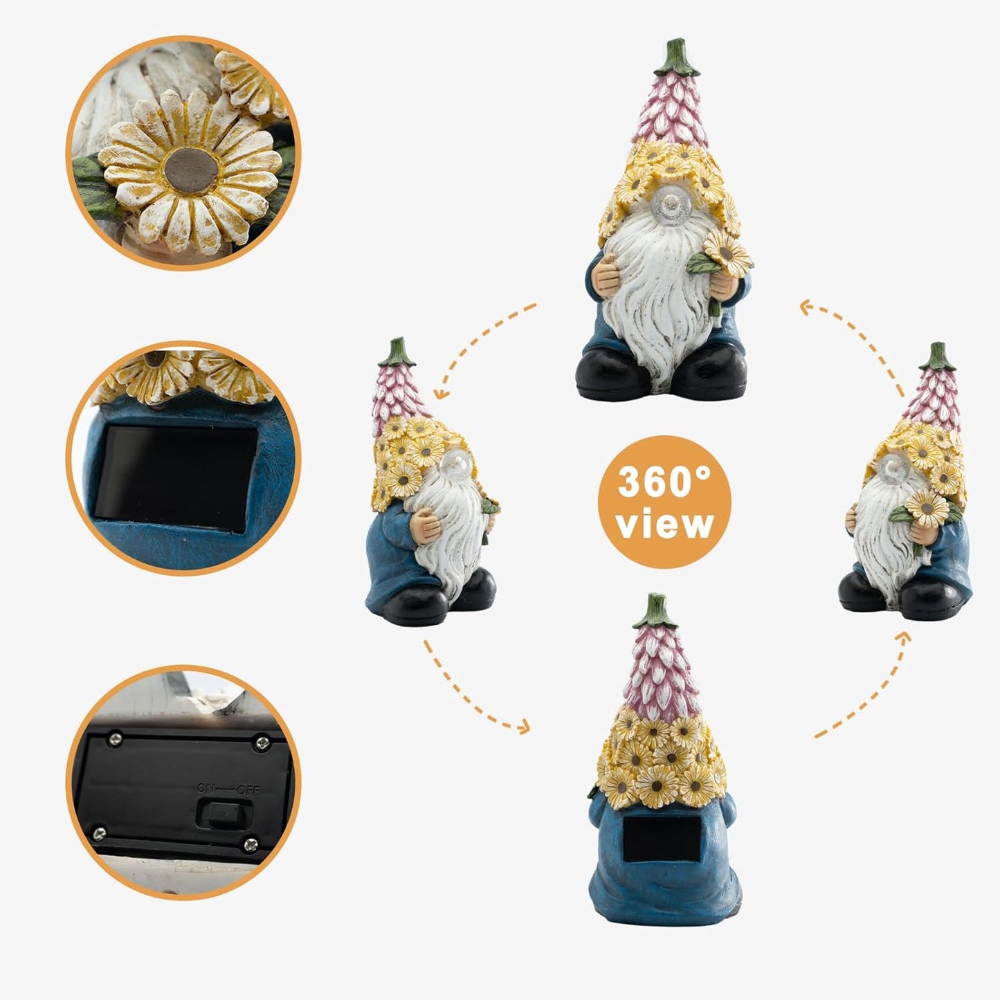 Garden Gnome Statue - Resin Gnome Figurine，with Solar LED Lights, Outdoor Decorations Art Sculpture for Patio Yard Lawn Garden Decor Lawn Ornaments Gnomes Gifts，7.68''