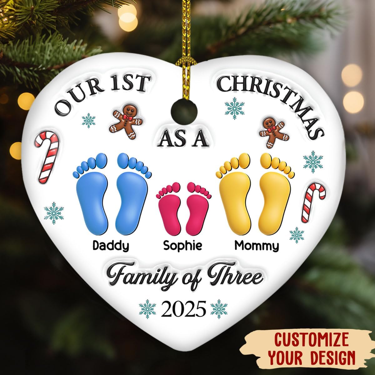 Our First Christmas Personalized 3D Effect Heart Ceramic Ornament – Gift for Newlyweds or Newly Married Woman This Christmas