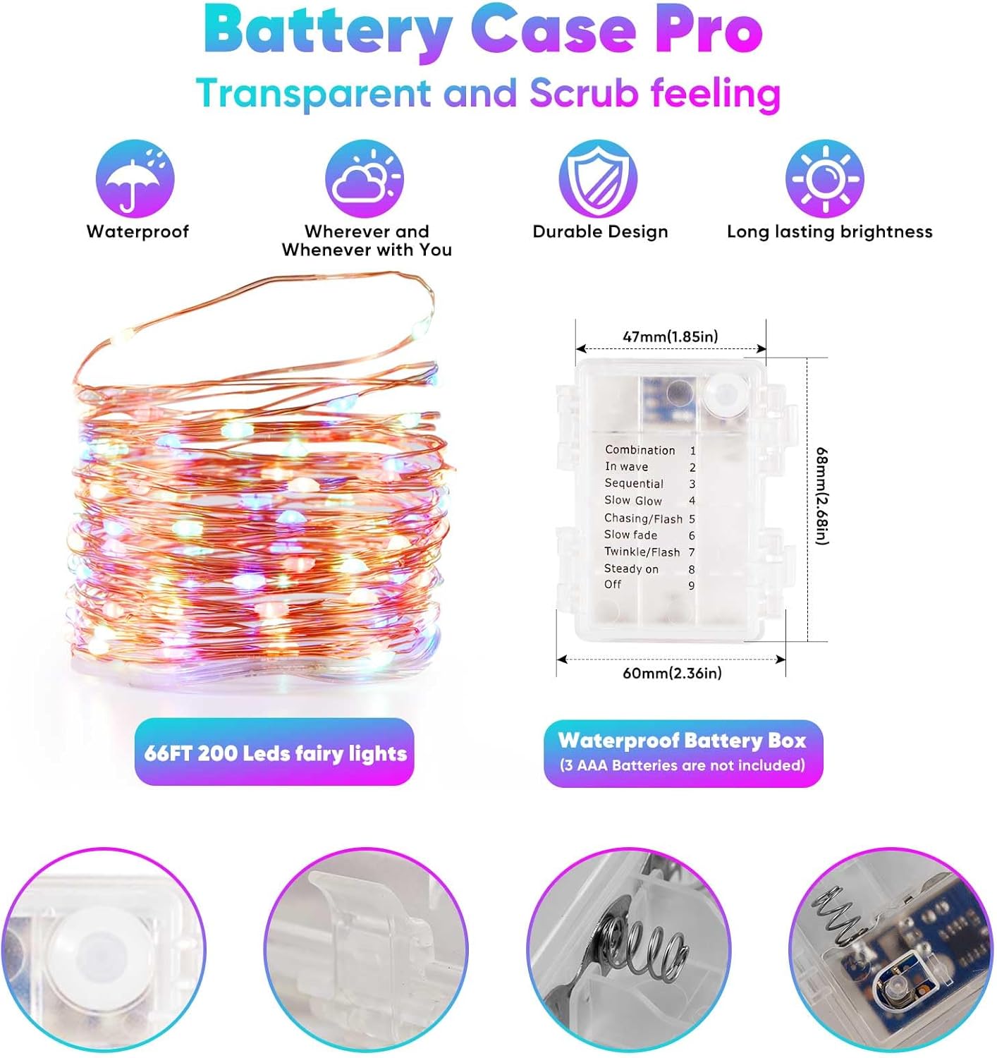 4 Pack 65.6 Ft. Battery Operated Outdoor String Lights with Remote & Timer, LED Multi Color Fairy Lights, Waterproof Twinkle Lights for Bedroom, Dorm, Mason Jar, Wedding, Party, Christmas