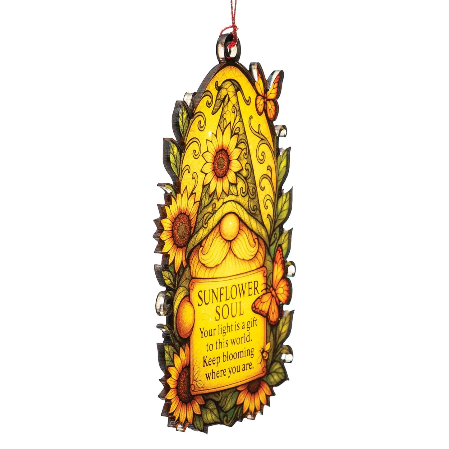 Sunflower Soul Gnome Ornament – Positive Encouragement | Bloom with Light – Butterfly – Uplifting Gift Card [Inspiration Ornament] – Suncatcher Effect Stained Glass Window – Car Hanging