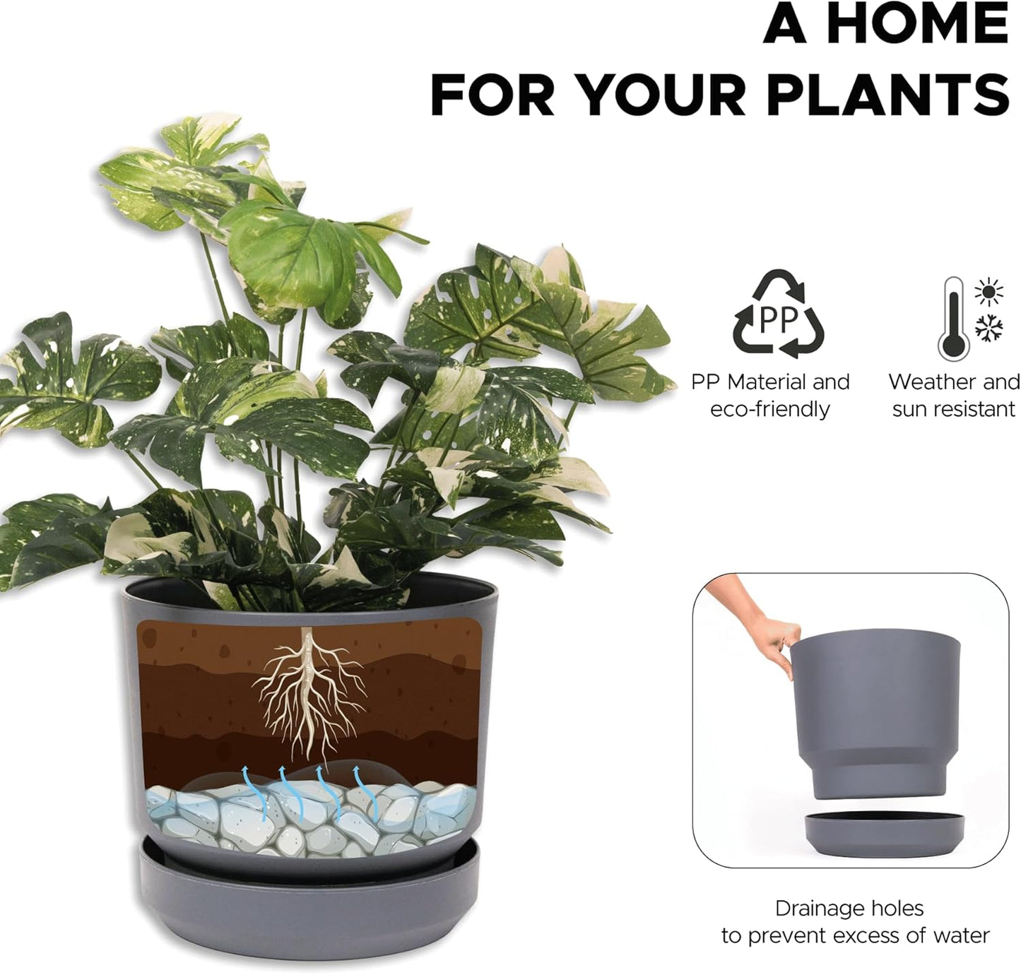 Elly Décor 10 inch Plastic Cylinder Planter Pot with Self-Watering Saucer and Drainage Hole,Lightweight & Extremely Durable, 10"x 10", Gray