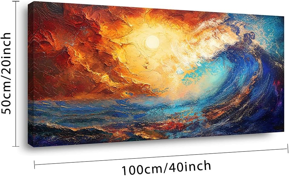 LASMOND Abstract Ocean Wall Art for Living Room Beautiful Blue Sea Wave Seawater Colorful Sky Landscape Wall Art Decor Artwork Bedroom Office (40 x 20 Inches)