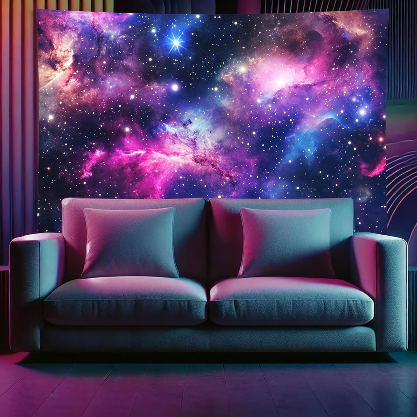 Starlit Patio Galaxy Nebula Blacklight Tapestry UV Reactive Wall Hanging Stars and Cosmic Clouds for Bedroom Dorm Living Room Glowing Universe Decor Fluorescent Trippy Poster 78 x 59 Inch