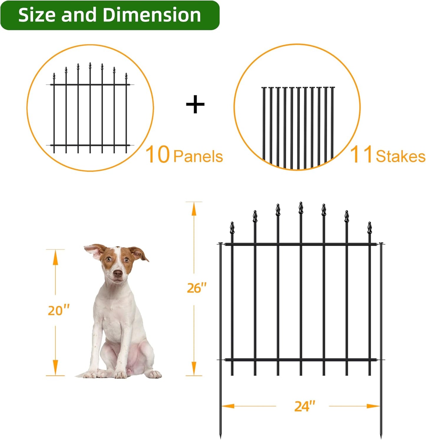 Metal Garden Fence 26 in H x 20ft L, 10 Panels + 11 Stakes Border Dog Fence Panels Animal Barrier, No Dig Garden Fencing for Yard Patio Flower Bed Lawn Outdoor, Arch Black
