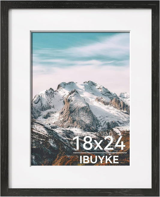 IBUYKE 18x24 Picture Frame,Solid Oak Wood 18x24 Photo Frame with Mat to 16x20,18x24 Picture Frames With Tempered Glass,Wall Mount Display,Home Decor,Black Oak 24 x 18 Frame,UWPF1824B