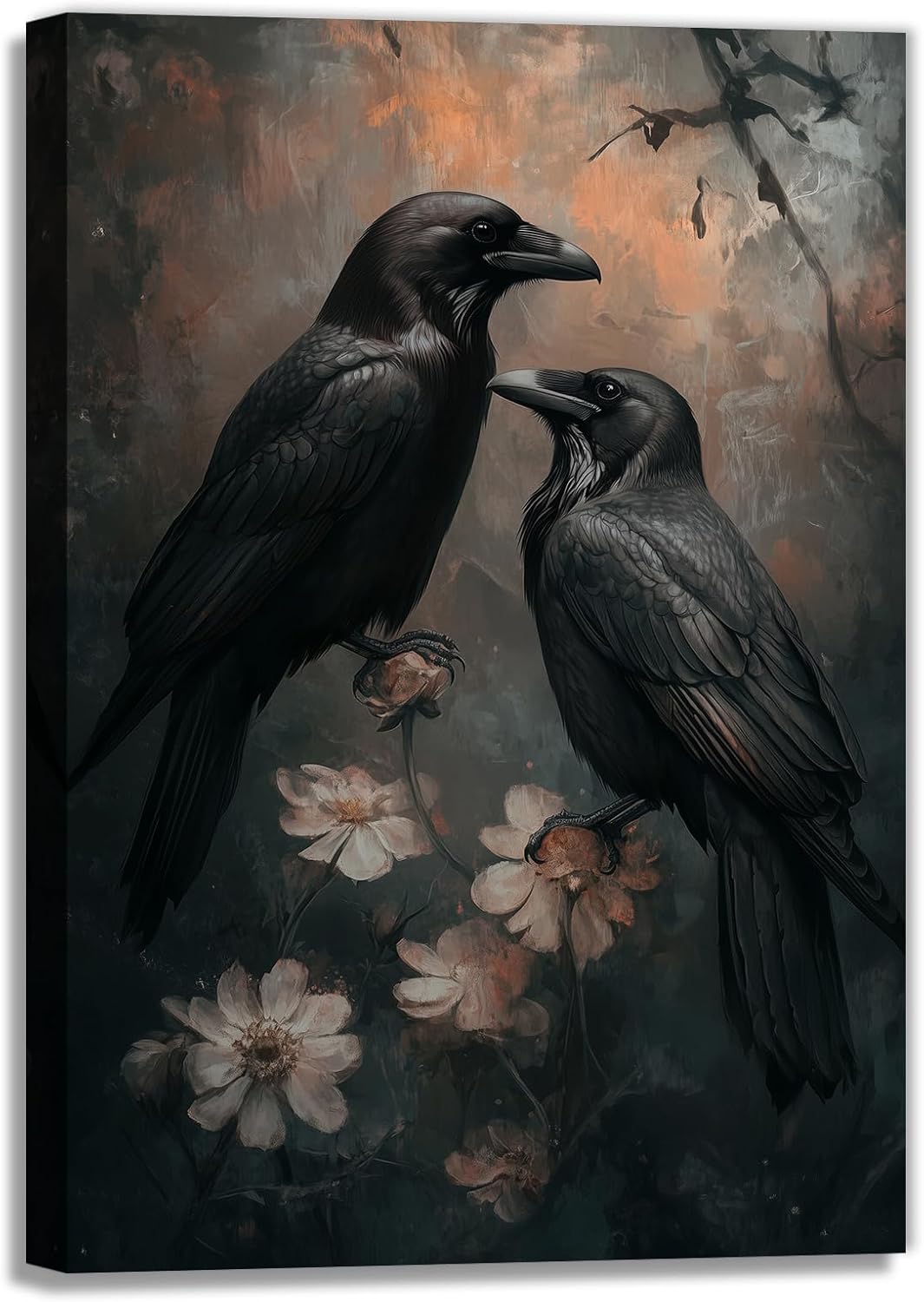 OAAPITI Birds Canvas Wall Art Black Couple Crow Picture Print Vintage Gothic Raven Artwork for Living Room Halloween Home Wall Decor(Artwork-7,16"x24")