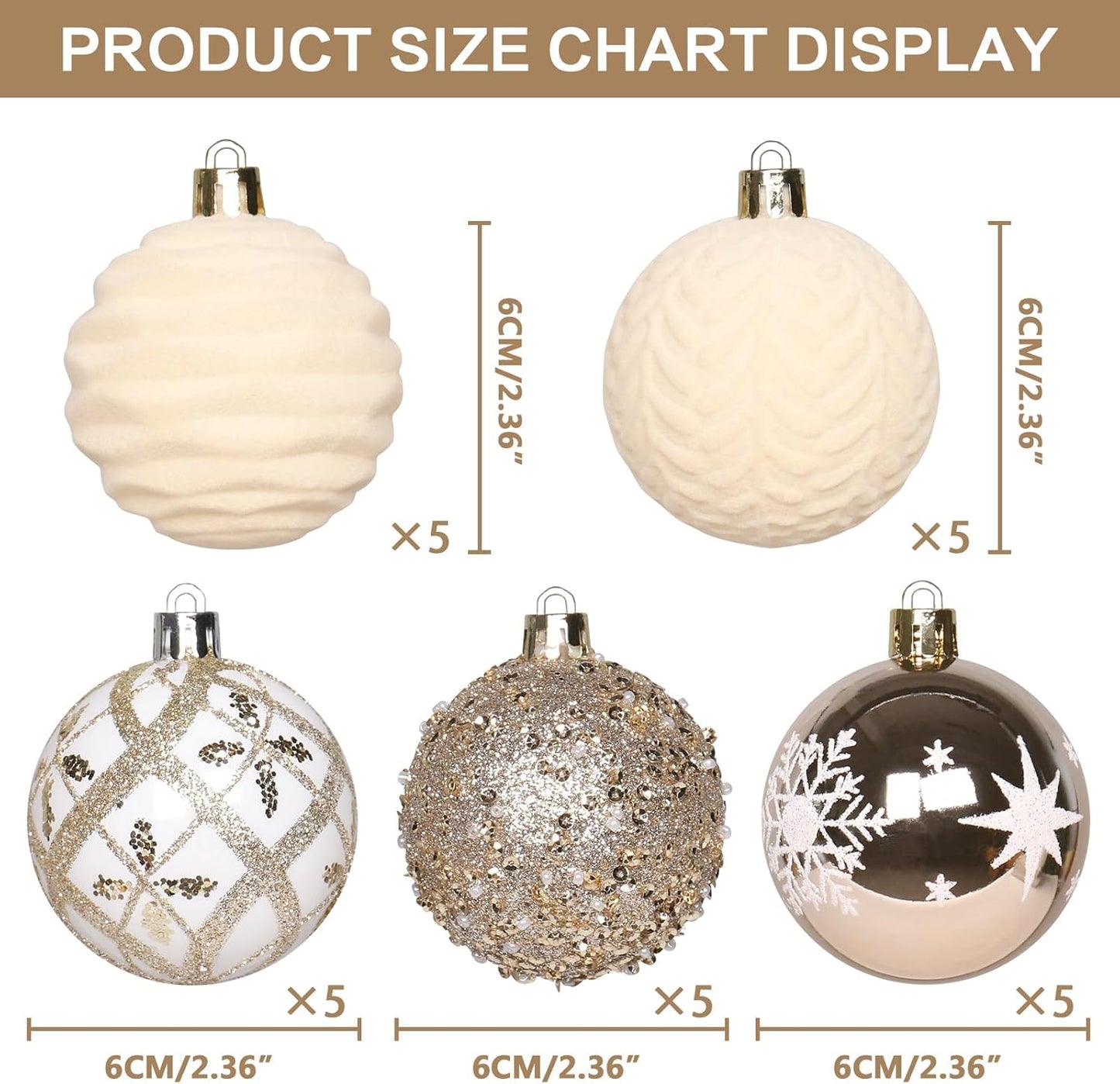 2.36In Velvet Christmas Ball Ornaments, 25PCS Champagne Flocked Christmas Tree Hanging Decorations, for Home Holiday Wedding Indoor Xmas Party Decor.