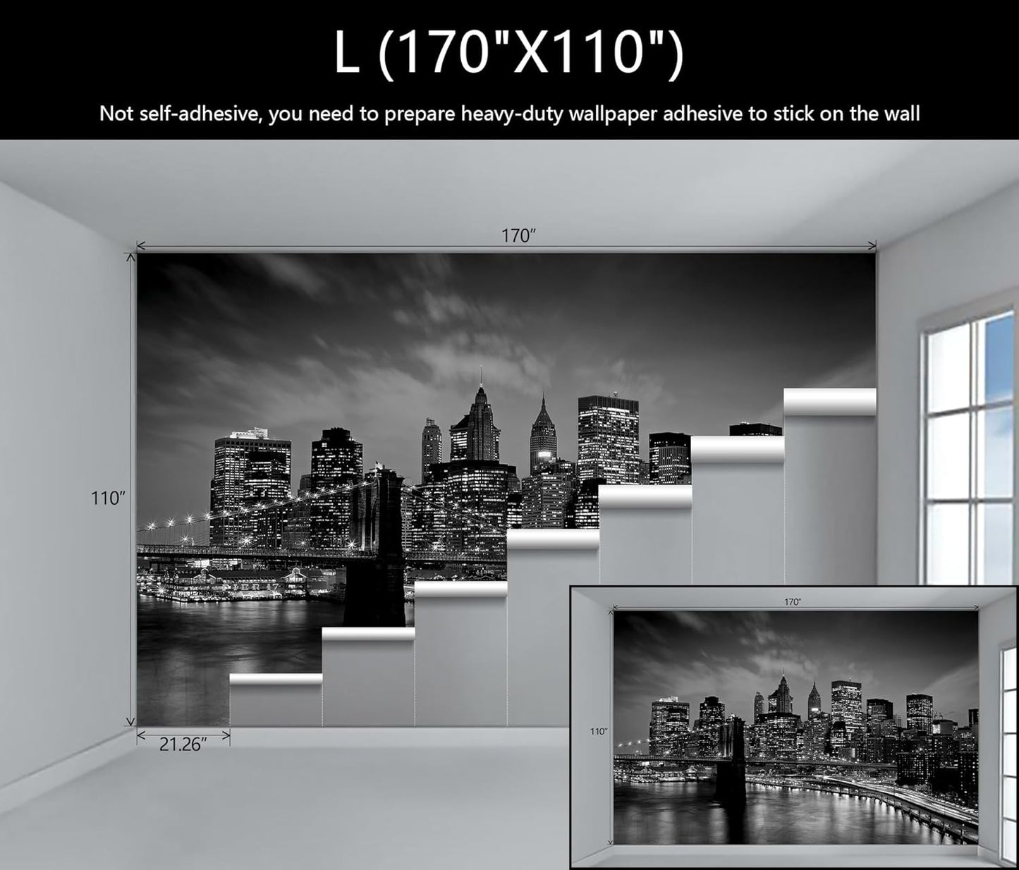 WFBHUA-Brooklyn Bridge Wall Mural Black New York City Landscape Photo Wallpaper for Living Room Bedroom(Not Peel and Stick)