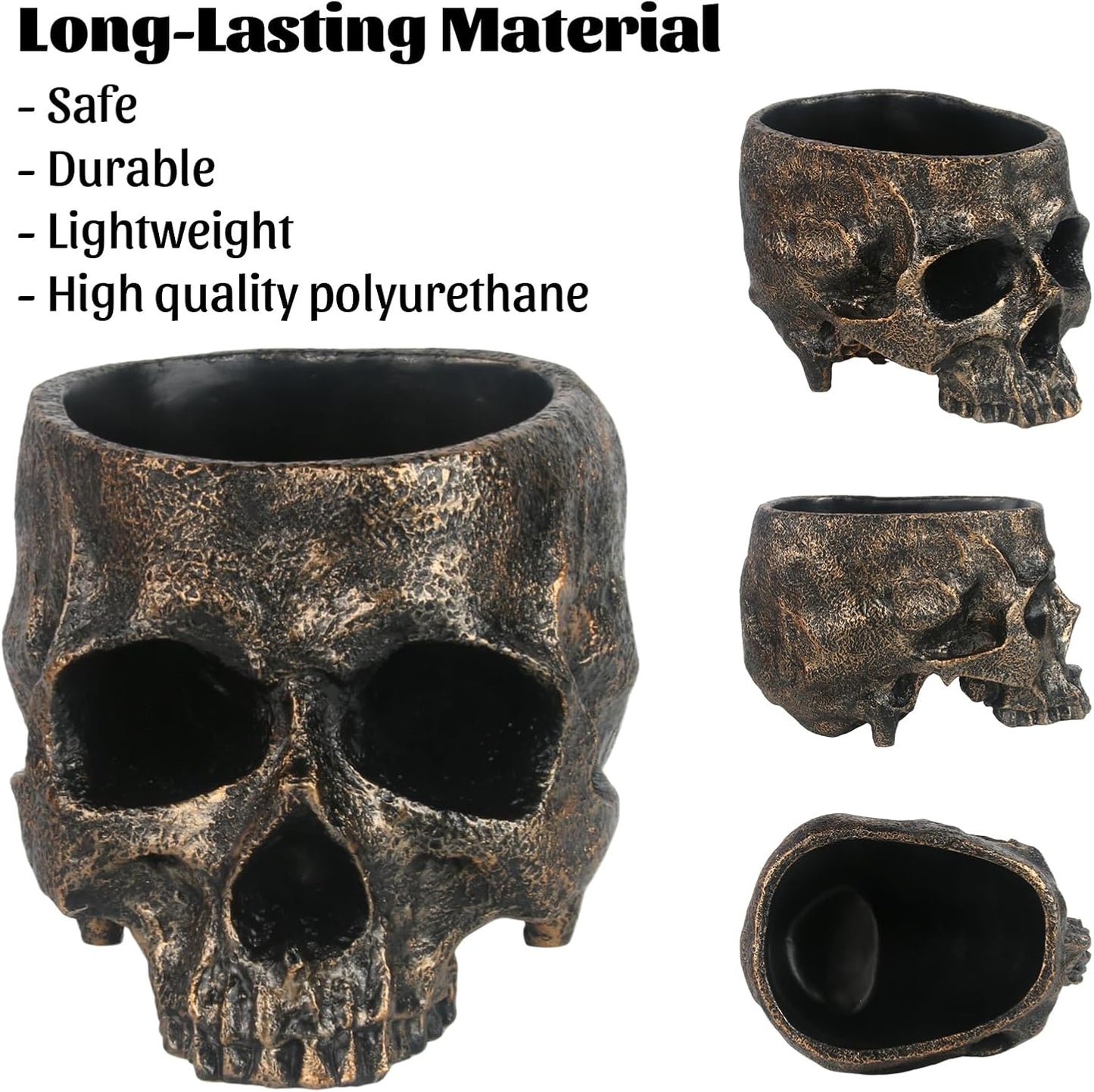 GameXcel Halloween Skull Candy Dish - Large Skull Candy Bowl for Trick or Treat - Skeleton Head Treat Container Planter or Desktop Halloween Decor - Bronze Resin