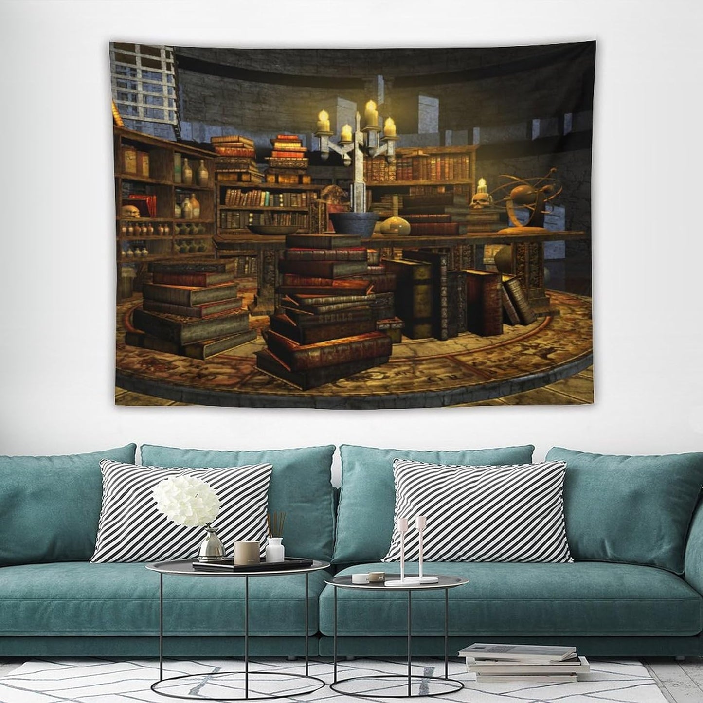 Kurtect Library Tapestry,Vintage Medieval Bookshelf Wooden Bookcase Antique Magic Art Tapestries for Party Beach Picnic Blankets Tablecloths Living Room Wall Deocr, 60x80 in