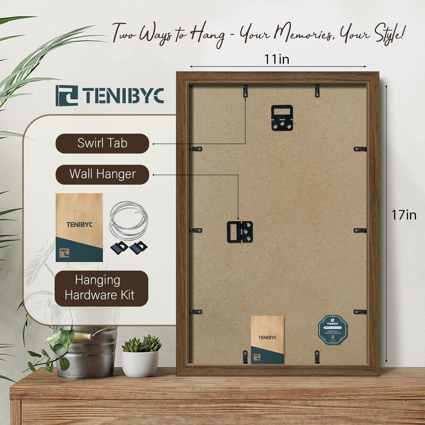 11x17 Picture Frame 3 Pack - Brown Woodgrain, Wood Photo Frame, HD Tempered Glass, Wall Gallery Poster Frame