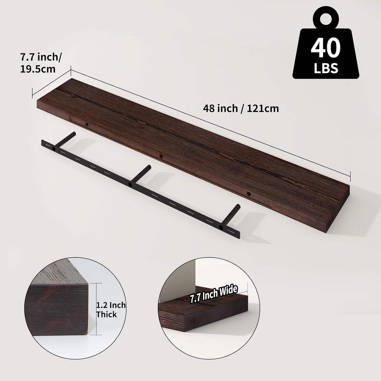 SAUMONIERES Floating Shelves 8 Inch Deep Solid Wood Wide Wall Shelf Set of 1 Wall Mounted for Bedroom Bathroom Living Room Kitchen, 48 Inch Walnut