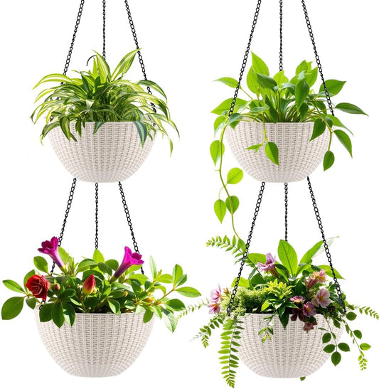Hanging Planters for Indoor Outdoor Plants 8/10 Inch, 4 Packs Plant Hanger with Drainage Holes, Hanging Basket Flower Pot Perfect for Home, Office and Garden,White