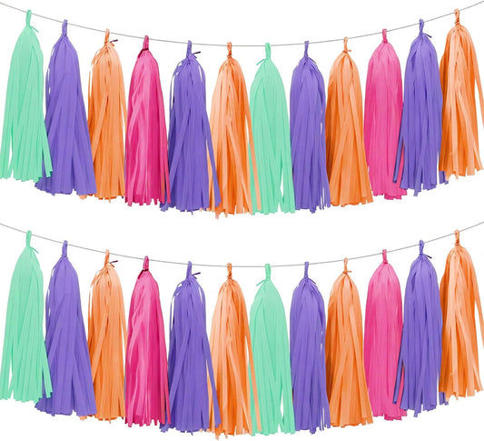 Tissue Paper Tassel Garland Banner, 20 Pack, Purple Blue Orange Pink, Pastel Party Decorations for Birthday, Baby Shower,Disco Them,Halloween