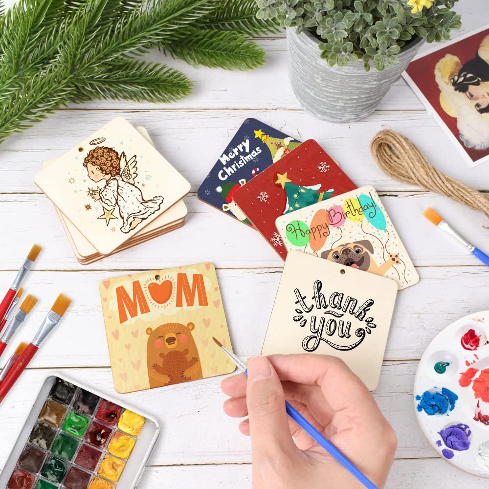 50 Pcs Square Wooden Tags, 3x3 Inch Unfinished Square Wood Slices Blank Square Wooden Slices with Holes, with Jute Twines for Sign Tags Home Party Hanging Decoration