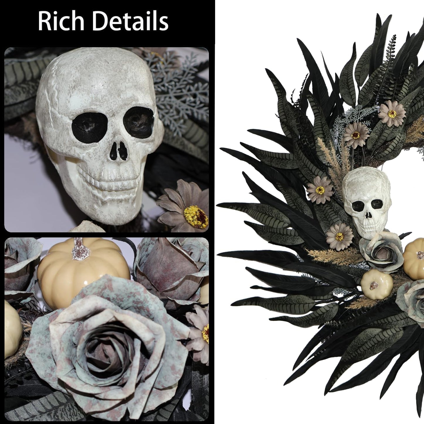 24" Snakeskin Leaves Halloween Wreaths for Front Door with Skulls Flowers and Pumpkins - Gothic Party Black Halloween Porch Wall Door Decor