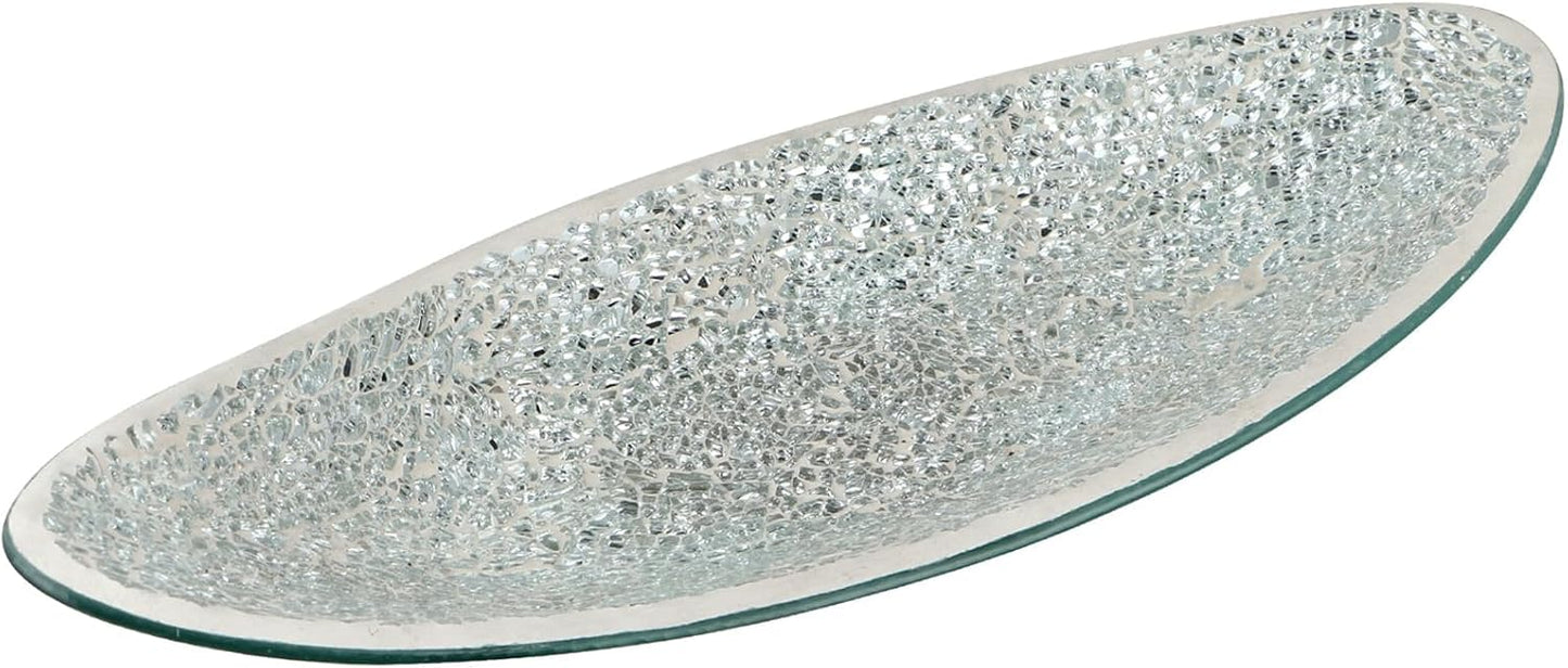 MDLUU Small Glass Mosaic Decorative Silver Boat Shaped Tray, Living Room Table Centerpiece Bowl, Home Decor Accent Plate for Orbs, Candles, Potpourri