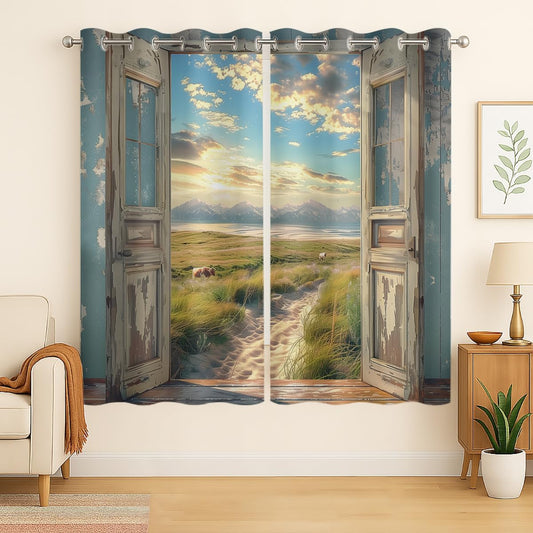 Landscape Blackout Curtains for Girls Boys Home Decor, Cow Sunset Grassland Mountain Natural Scenery Grommet Thermal Insulated Drapes Darkening Window Curtain for Bedroom Living Room, 55 x 63 Inch
