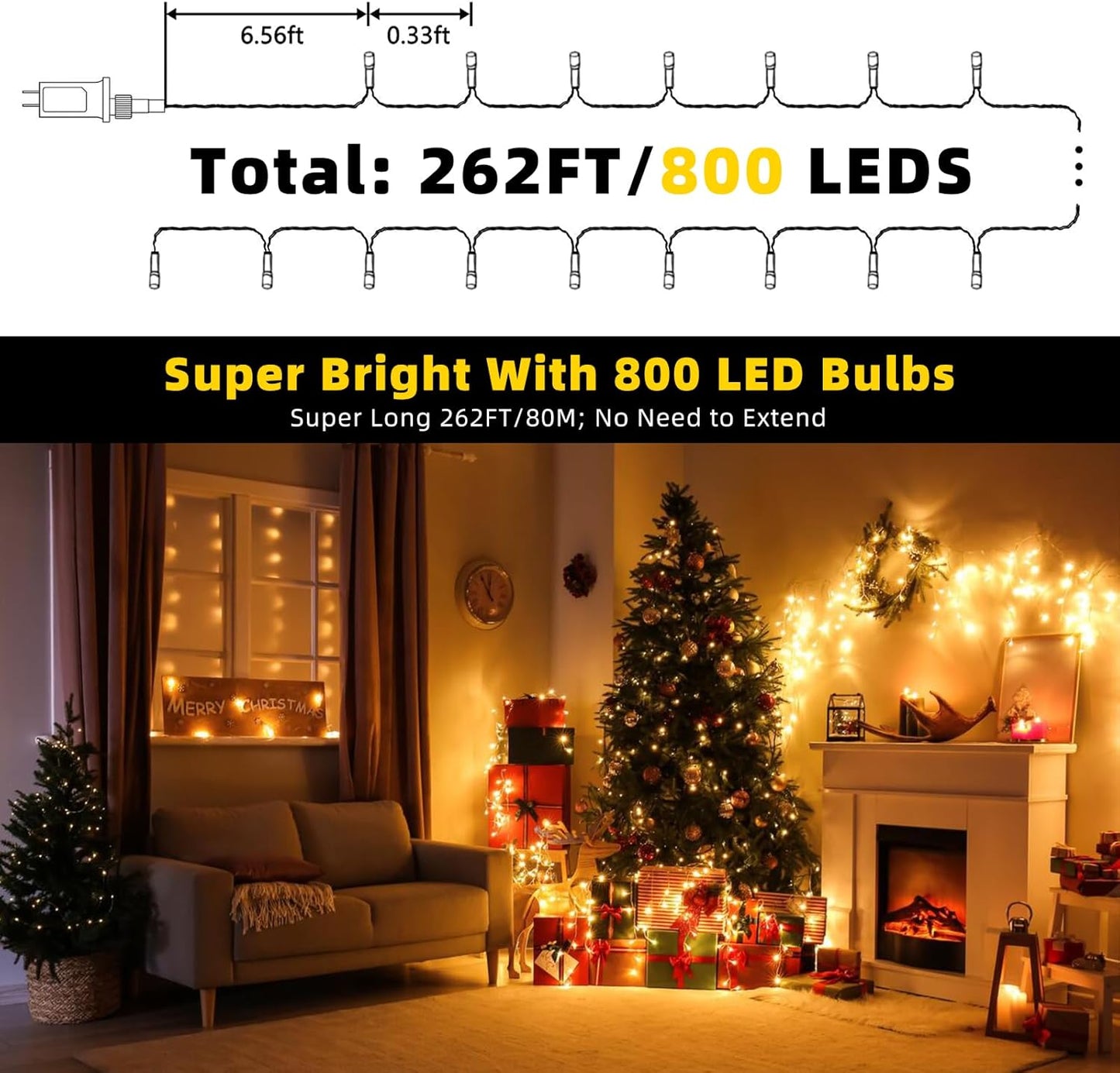 XTF2015 262FT 800 LED Christmas String Lights, Christmas Lights End to End Plug 8 Modes Memory Function with Timer, UL Certified Outdoor Indoor Fairy Light Christma s Tree, Patio, Party (Warm White)