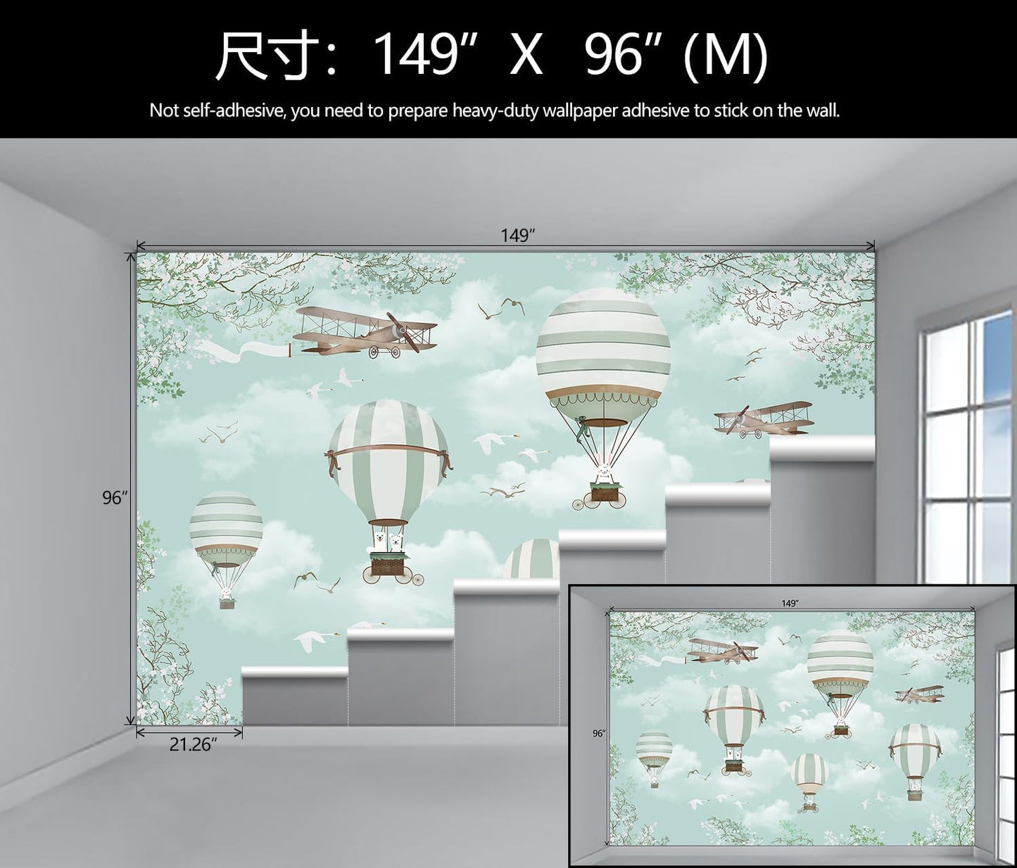 WFBHUA-Hot Air Balloon Wallpaper Mural Cute Animals Airplanes Blue Wallpaper for Nursery Wall Decoration Boys Bedroom Baby Room Kids Room (Not Peel and Stick)