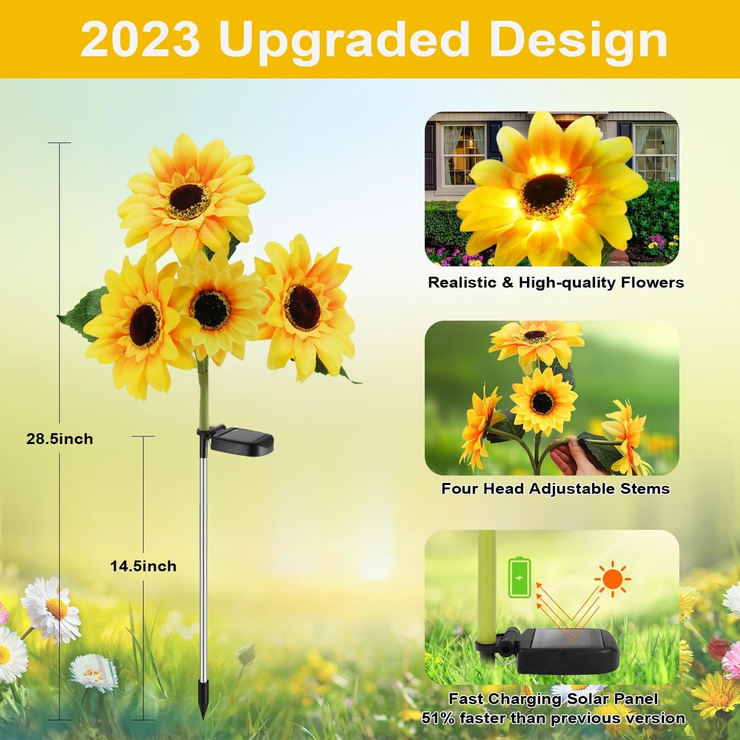 Outdoor Solar Garden Stake Lights,Upgraded LED Solar Powered Light with 3 Sunflower, Waterproof Solar Decorative Lights for Garden, Patio, Backyard (2 Pack 8 Flower)