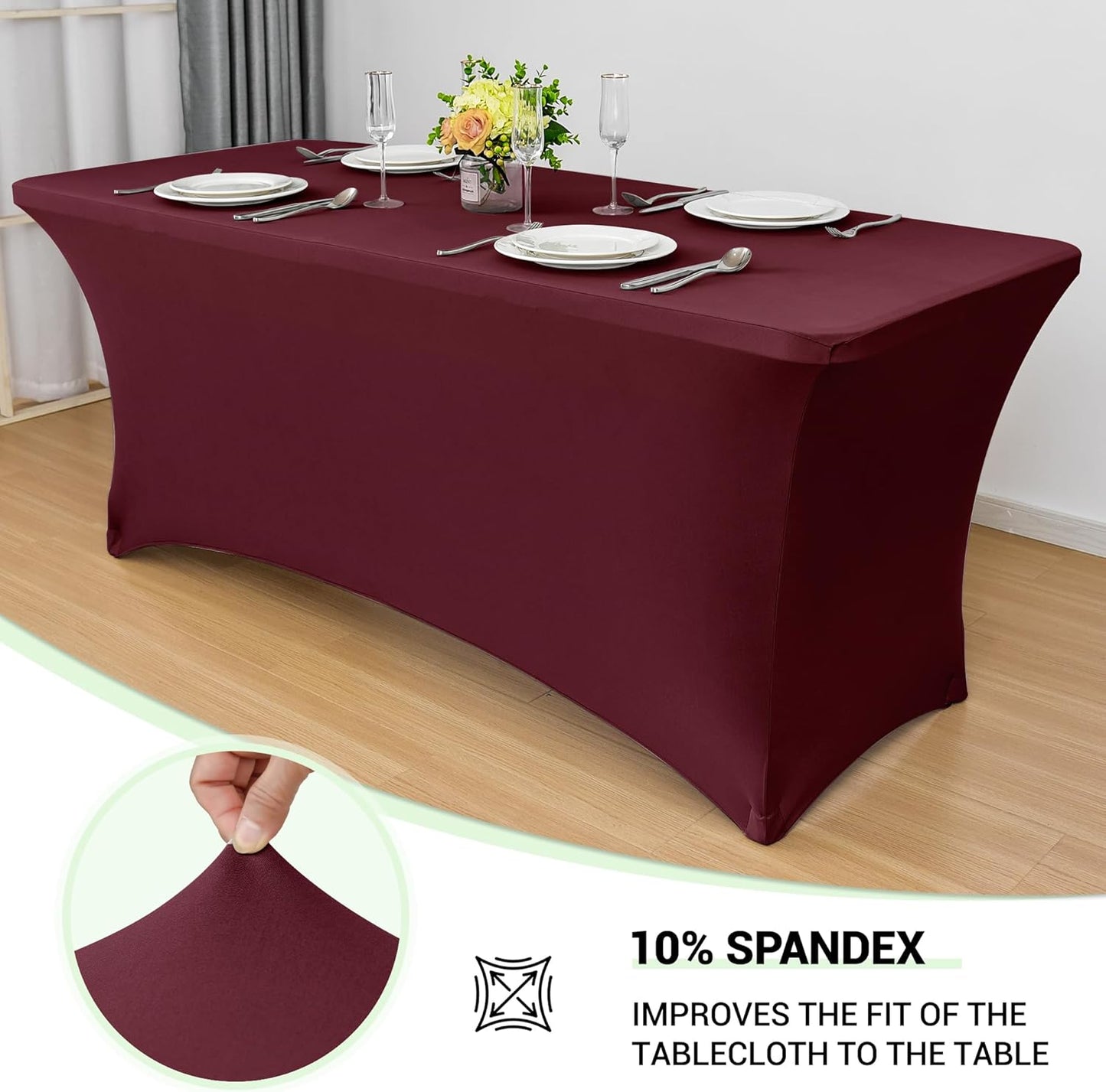 Obstal 8Ft Stretch Spandex Table Cover for Standard Folding Tables - 2 Pack Universal Rectangular Fitted Tablecloth for Party, Banquet, Events, Trade Show (Wine Red, 96L x 30W x 30H Inches)
