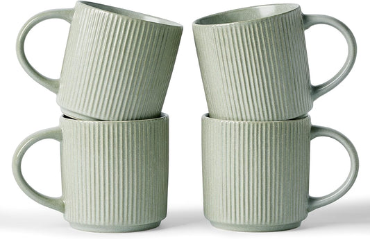 famiware Coffee Mug Set for 4, Star 12 oz Catering Mugs Cup Set with Handle for Coffee, Tea, Cocoa, Milk - Ceramic Stoneware Drinkware Set, Matte Green