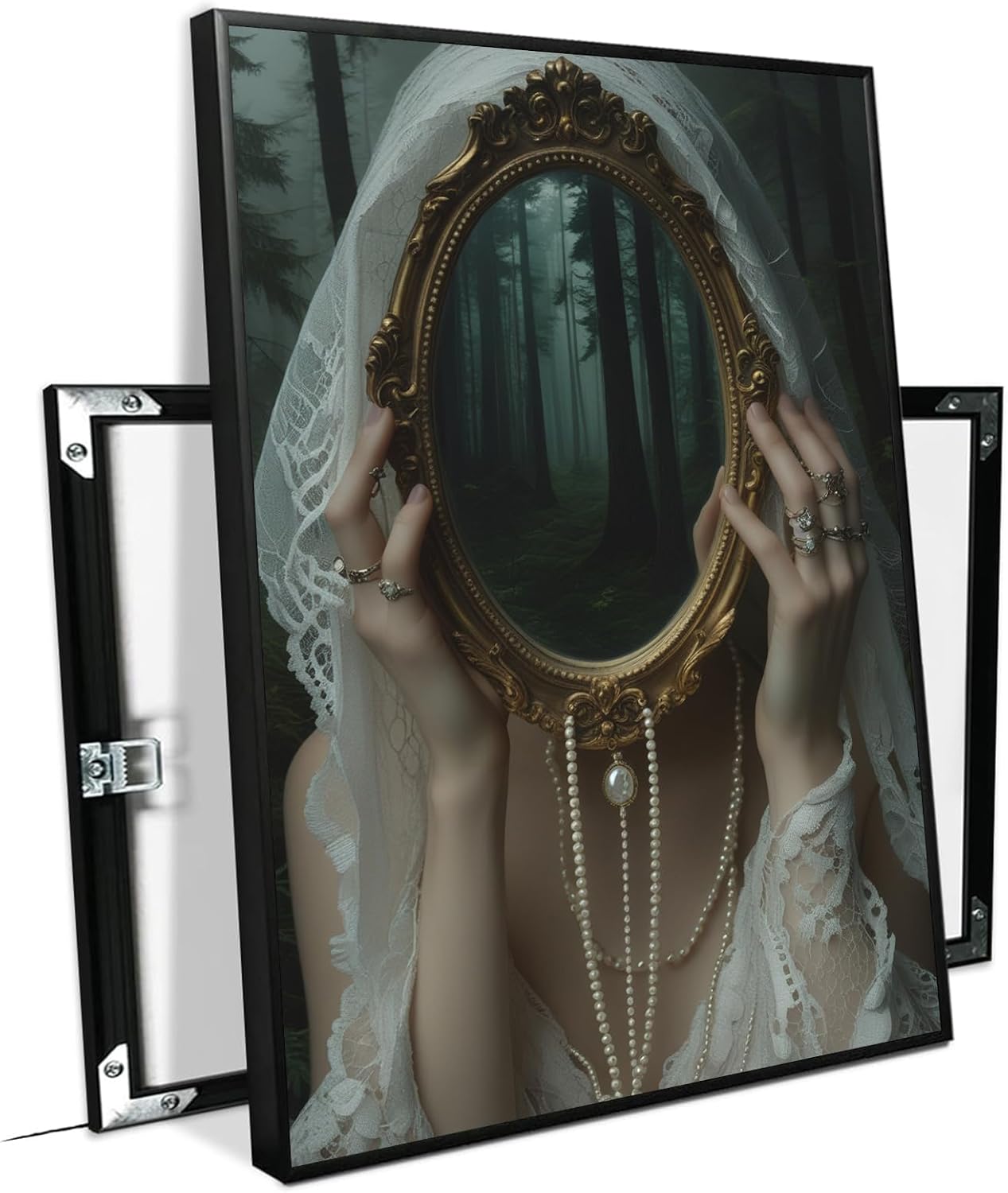 Mirror face covering dark art poster print melancholy gothic painting vintage feminine print victorian style decoration antique art16x24in Metal blackFramed