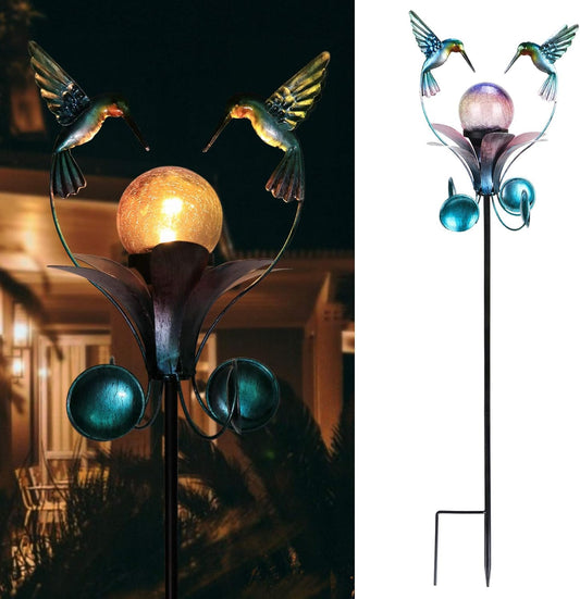 VCUTEKA Solar Lights Outdoor Metal Garden Stake Waterproof Crackle Glass Globe Garden Decor Hummingbird for Pathway, Lawn, Patio, Yard