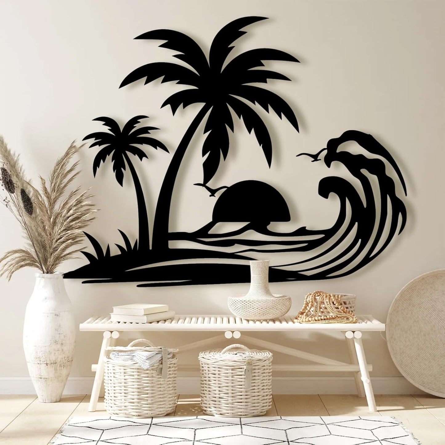 Lunwall Palm Tree Metal Wall Art, Tropical Palm Tree Wall Decor, 30 L" x 23 W" / 76 x 60 cm, Black, Vertical, Wall Mount, Indoor and Outdoor, Polished Finish