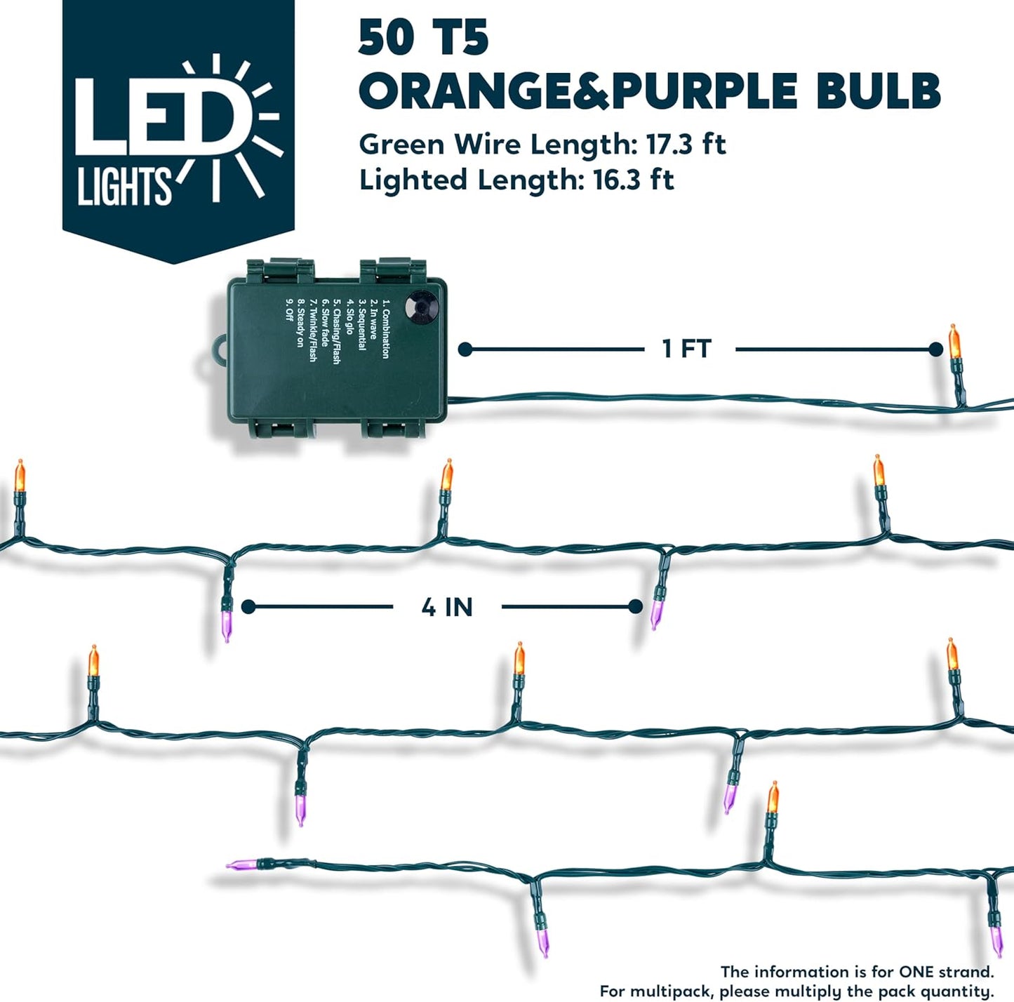 Joiedomi 16.3FT Orange&Purple Halloween Lights,2×50 Count Battery Operated Christmas String Tree Fairy LED Lights with 8 Modes,Multifunction Green Wire with Timer for Xmas Decor Party Holiday