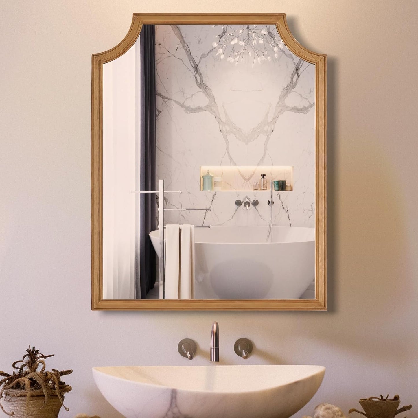 WallBeyond Scalloped Wood Mirror for Wall Decor 16x20 Inch Small Bathroom Vanity Rectangle Mirror for Hallway Bedroom Living Room(Natural)