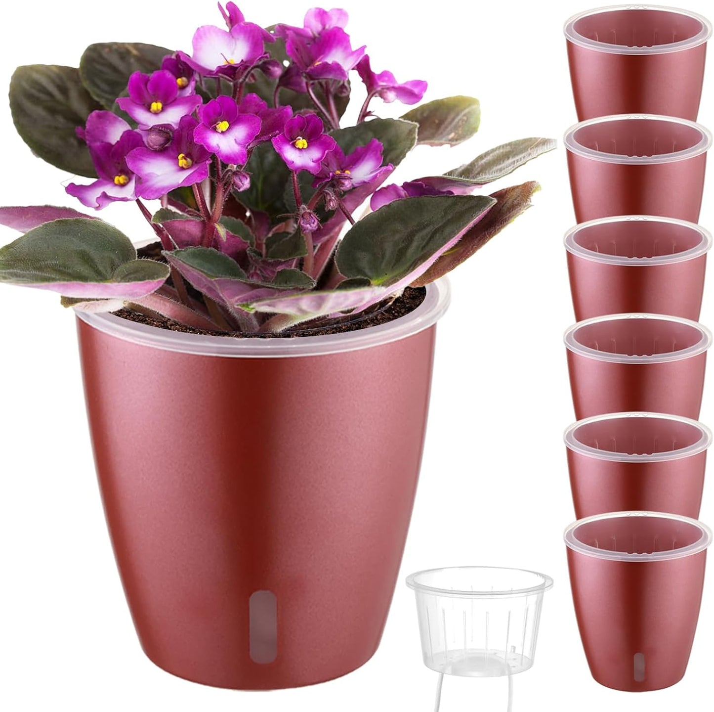 Self Watering Pots for Indoor Plants, 6-Pack 5'' Self Watering Planter with Drainage Holes, Small African Violet Pots with Water Indicator, Clear Wick Orchid Pot, Rose Gold